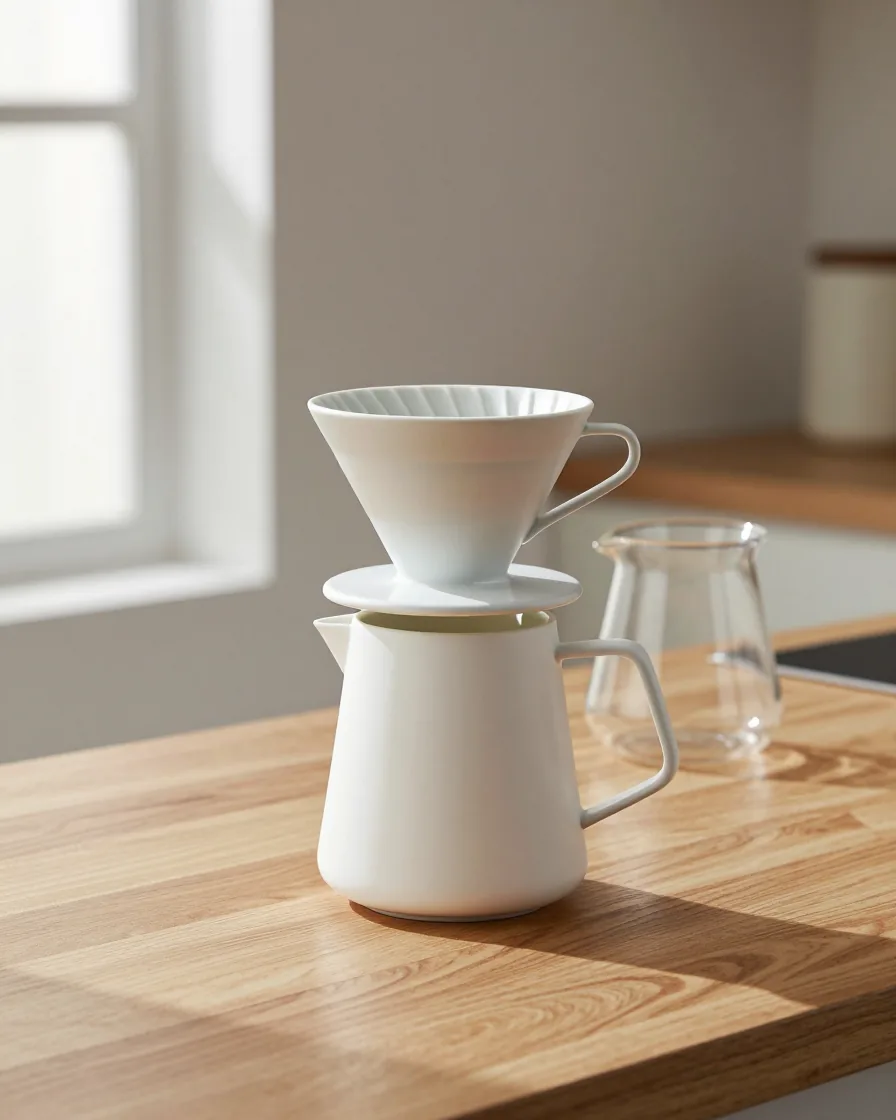 White ceramic pour-over coffee dripper and glass carafe on a sunlit oak kitchen counter.