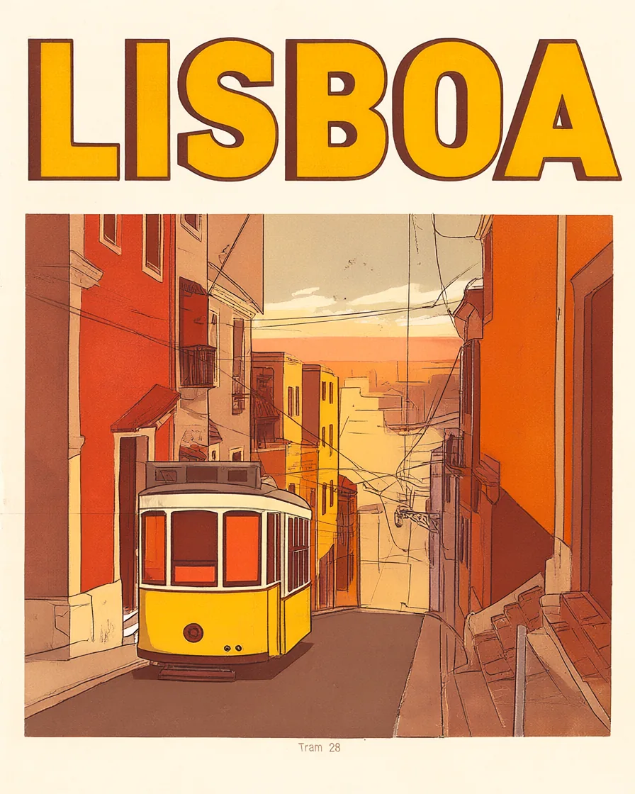Retro screen-print travel poster of a yellow Lisbon tram with the headline LISBOA and caption Tram 28.