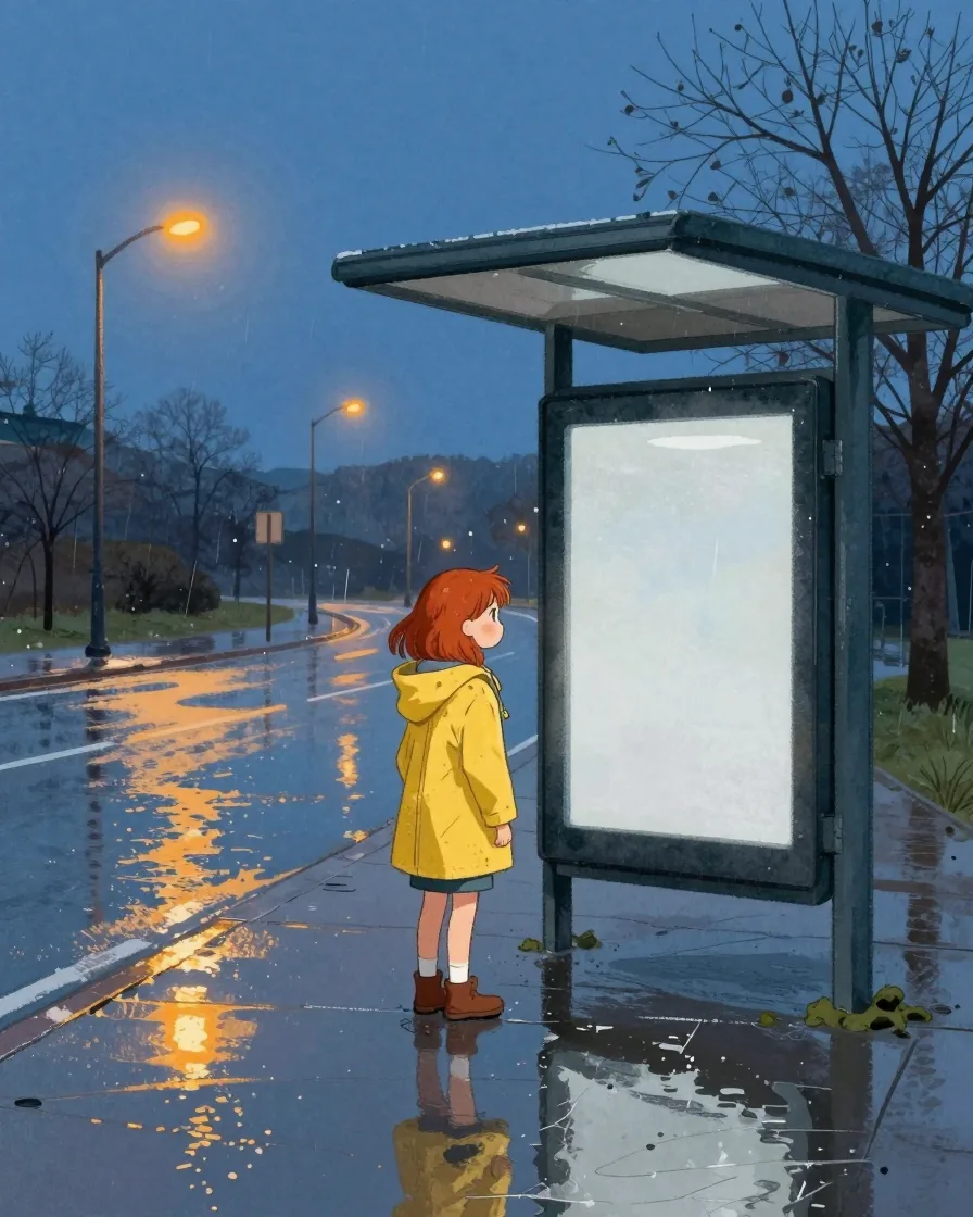 Storybook illustration of a red-haired girl in a yellow raincoat at a rainy bus stop at dusk.