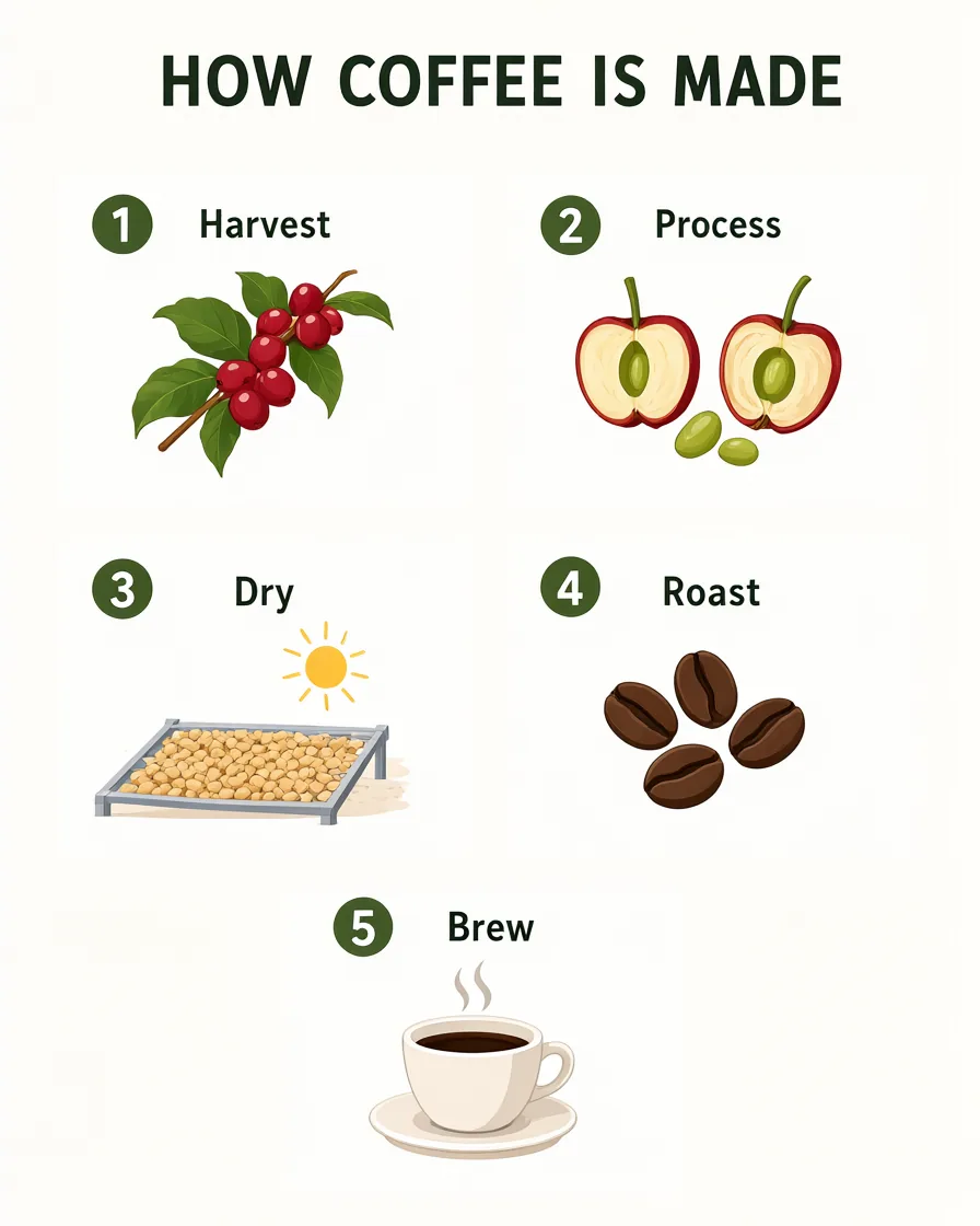 Flat infographic poster titled HOW COFFEE IS MADE showing five numbered steps from harvest to brew.