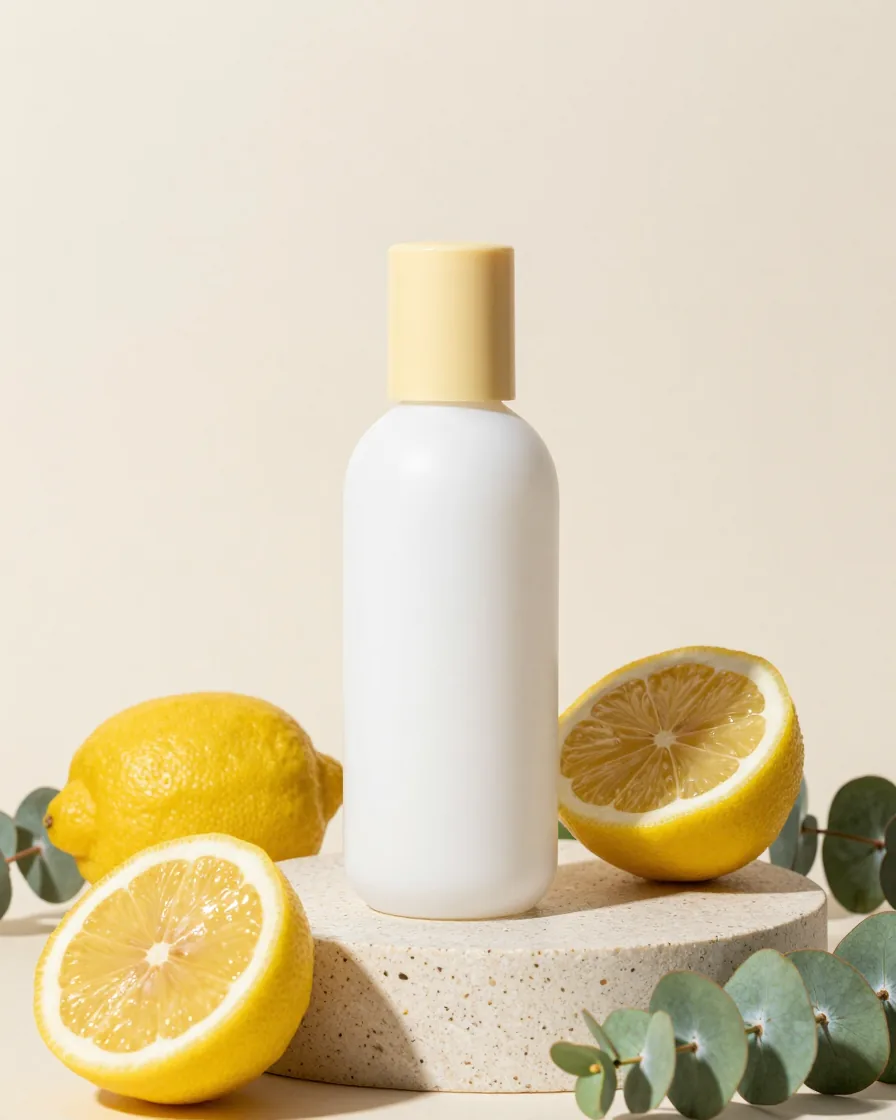 White skincare bottle with a pale yellow cap on a travertine pedestal surrounded by lemons and eucalyptus.