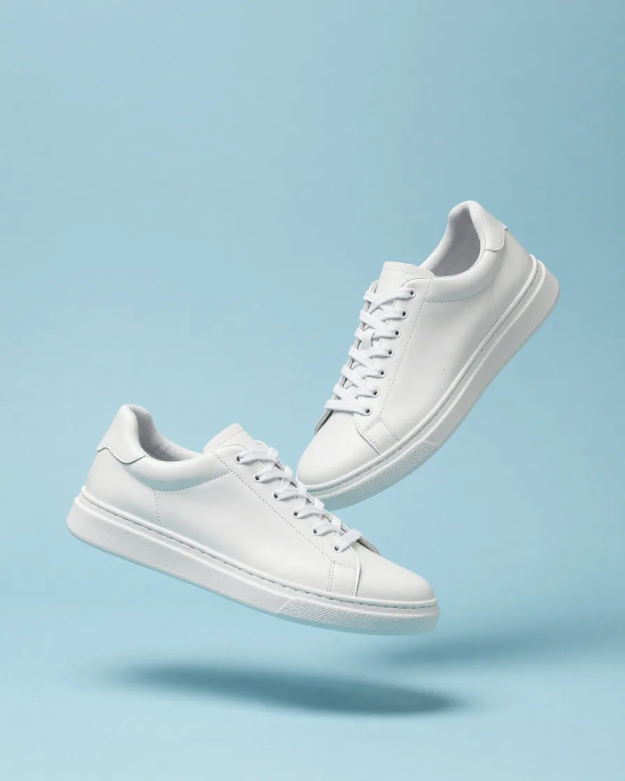 Pair of white leather sneakers floating above a pastel blue backdrop with a soft shadow.
