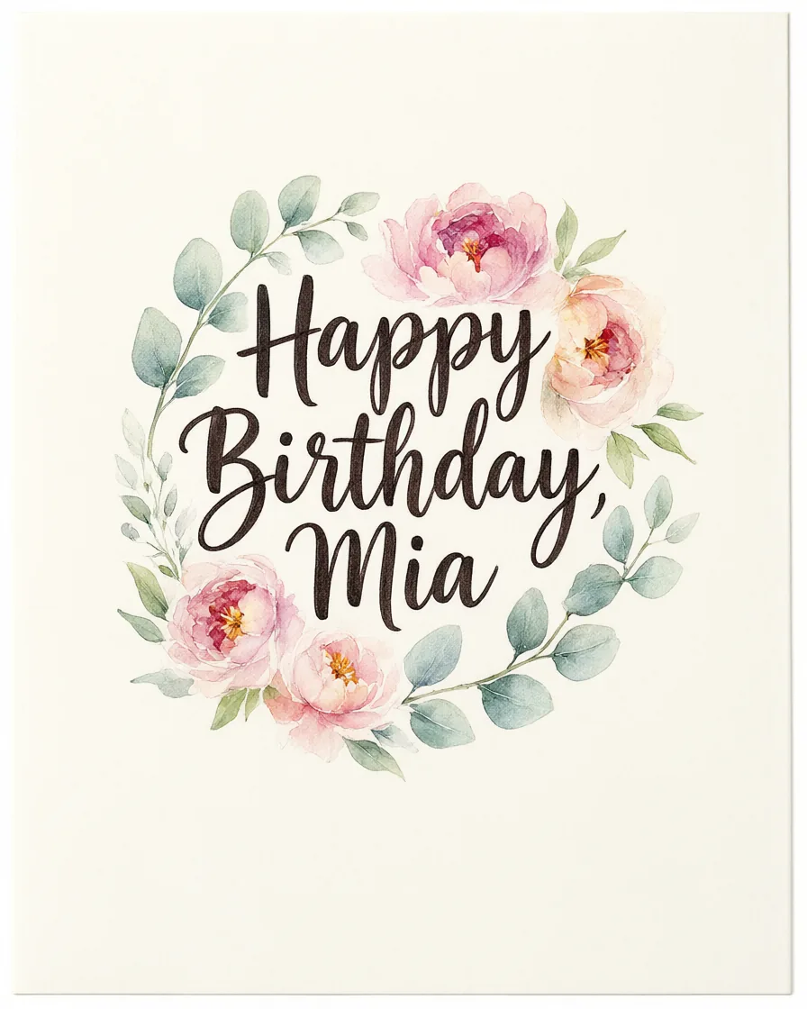 Watercolor birthday card reading Happy Birthday, Mia framed by pink peonies and eucalyptus leaves.